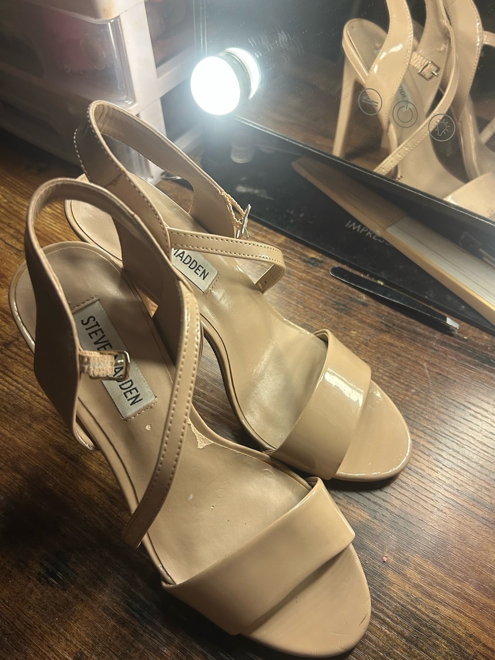 Steve Madden Beige Patent Slingback Block Heel Sandals